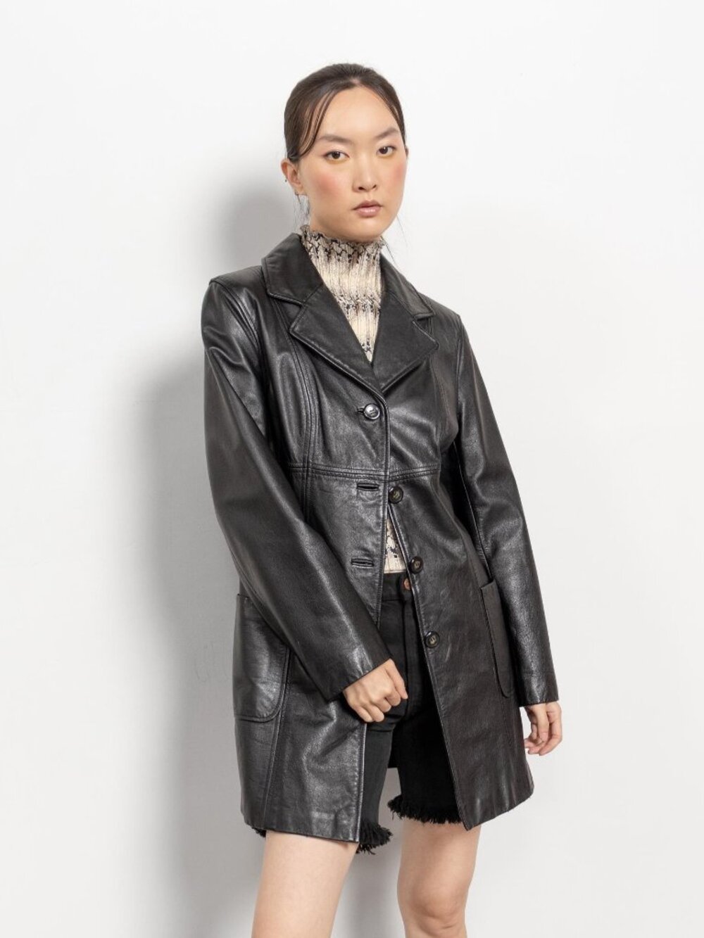 BLACK LEATHER TRENCH Midi Jacket Vintage Oversize Boxy Collared / Small Medium